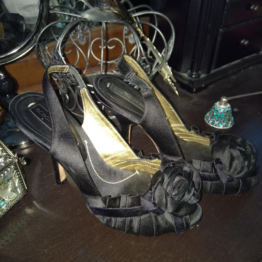 BCBG MAXAZRI black satin rosette slingback heels